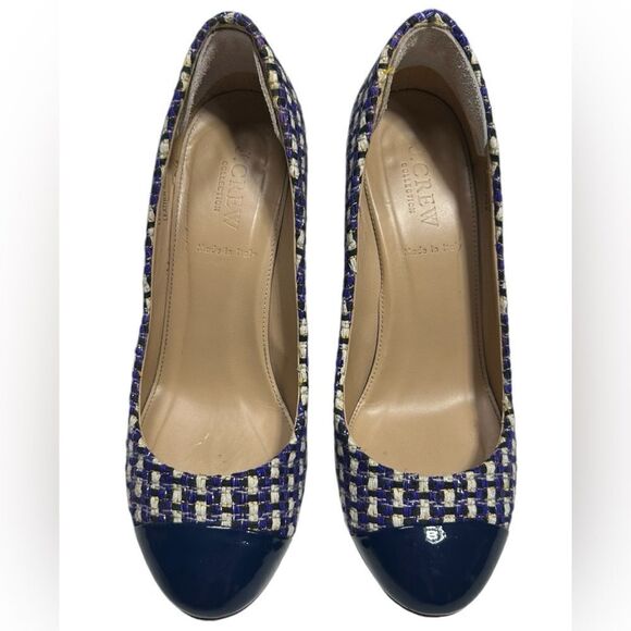 J. Crew Collection Etta Made in Italy Blue Tweed Block Heel Pumps Leather Sole - Picture 2 of 13